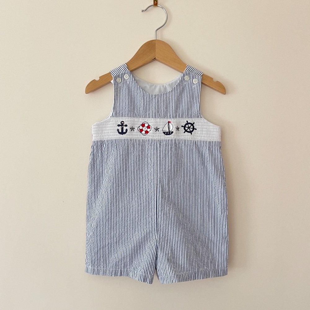 EUC Boys Striped Seersucker Smocked Nautical Jon Jon